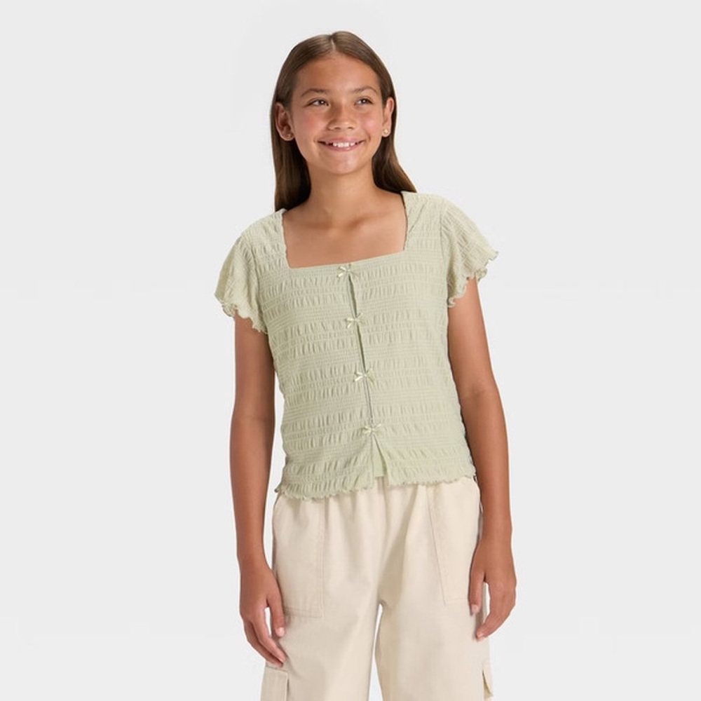 Art Class Girls' Ruffled Sage Green Bow Front Top - Size Medium (8) NWT